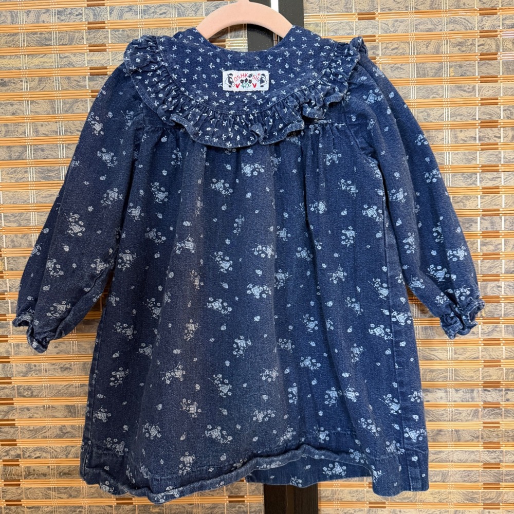 OshKosh Corduroy Dress Kids 3T Blue Vintage 90s Floral Ruffle Made in USA